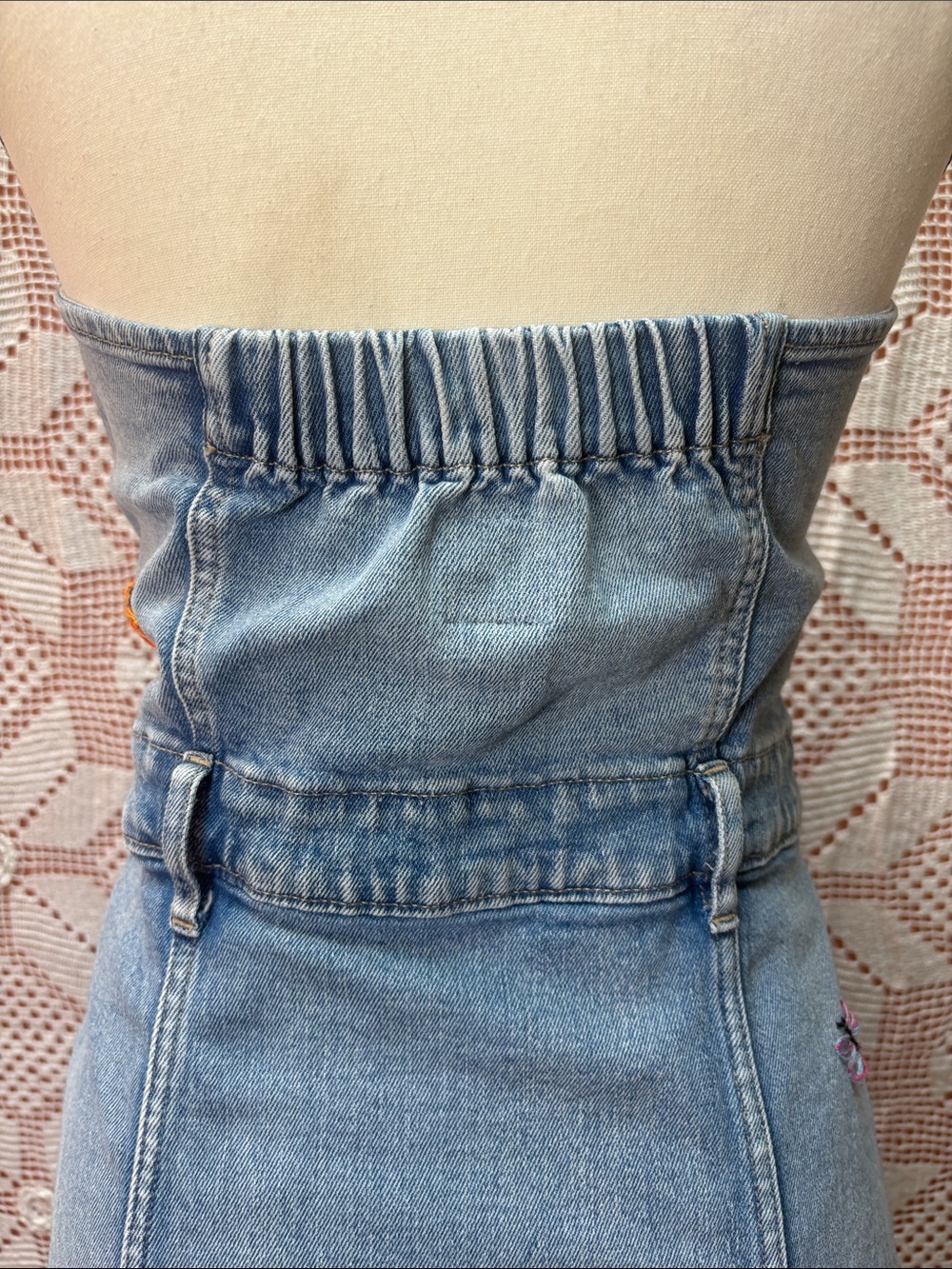 Embroidered Denim Halter Mini Dress Backless Button Front - Picture 5 of 8